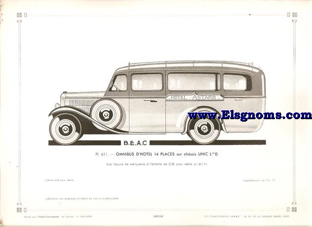 Pl.611. Omnibus D' Hotel 14 Places sur chssis Unic Lh. D.Pintado en gris.Supplement au N 97 de l'Auto Carrosserie. Grant: G. Mathire. Supplment au N 97.