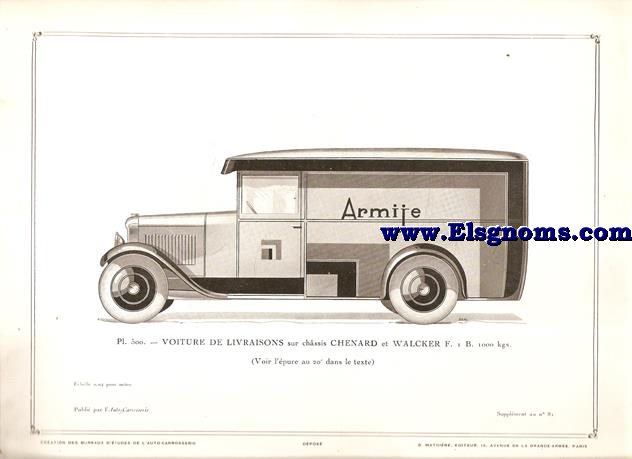 Pl.500. Voiture De Livraisons sur chssis Chenard et Walcker F. 1 B. 1000 Kgs. Pintado en gris y negro.Supplement au N 81 de l'Auto Carrosserie. Grant: G. Mathire. Supplment au N 81.