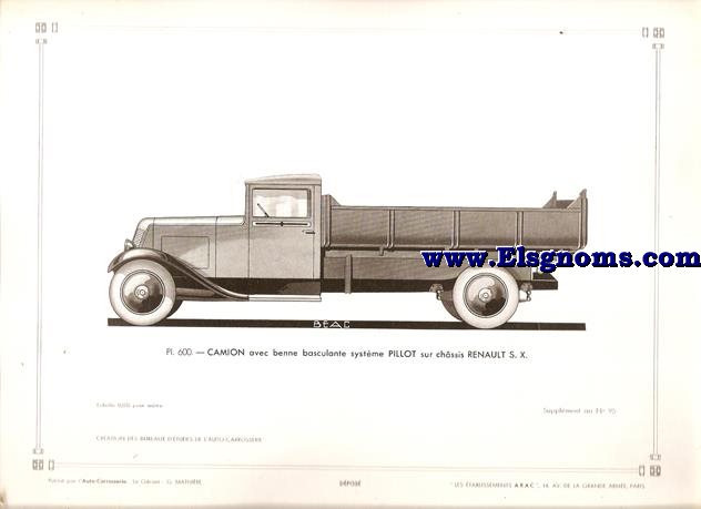Pl.600. Camion avec benne basculante systme Pillot sur chssis Reanault S.X.  Pintado en Gris. Supplement au N 95 de l'Auto Carrosserie. Grant: G. Mathire. Supplment au N 95.