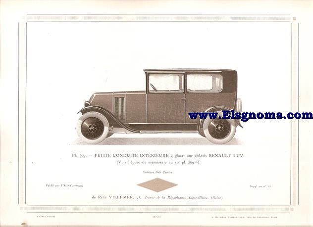 Pl.369. Petite Conduite  Intrieure 4 places sur chassis Renault 6 CV.  Pintado Gris Cendre. Supplement au N 63 de l'Auto Carrosserie. Grant: G. Mathire. Supplment au N 63.