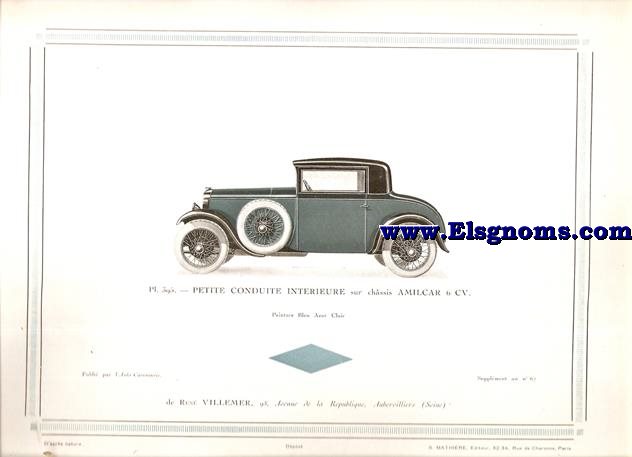 Pl.395. Petite Conduite  Intrieure sur chassis Amilcar  6 CV.  Pintado Bleu Azur Clair. Supplement au N 67 de l'Auto Carrosserie. Grant: G. Mathire. Supplment au N 67.