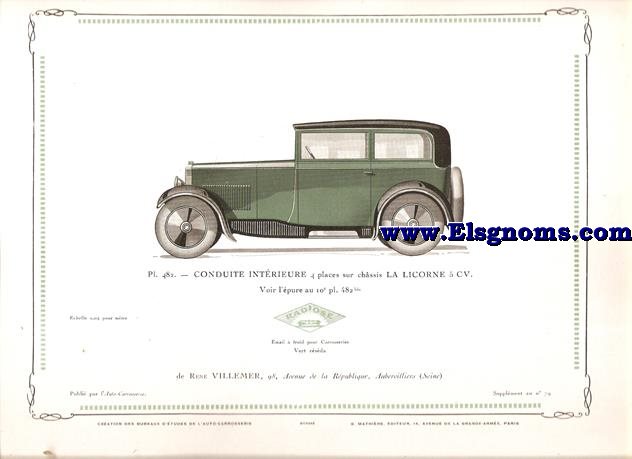 Pl.482. Conduite  Intrieure 4 places  sur chassis La Licorne 5 CV.  Pintado Vert rsdar. Supplement au N 79 de l'Auto Carrosserie. Grant: G. Mathire. Supplment au N 79.