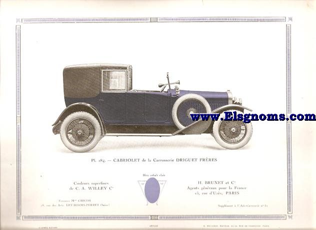 Pl.284. Cabriolet de la Carrosserie Driguet Frres.  Pintado Bleu cobalt clair. Supplement au N 51 de l'Auto Carrosserie. Grant: G. Mathire. Supplment au N 51.