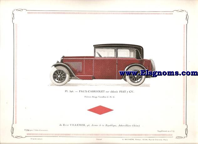 Pl.396. Faux-Cabriolet sur chssis Fiat 7 CV.  Pintado Rouge Vermillon C.M.C. Supplement au N 67 de l'Auto Carrosserie. Grant: G. Mathire. Supplment au N 67.