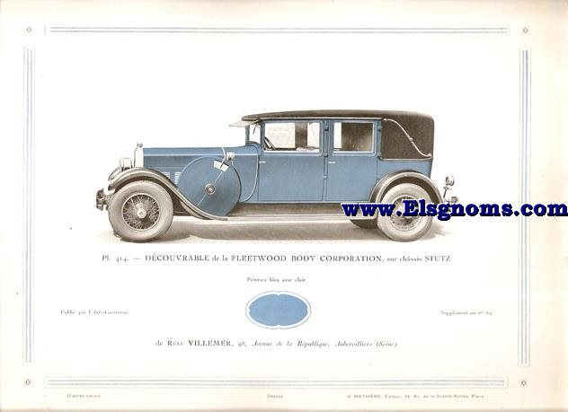 Pl.414. Dcouvrable de la Fleetwood Body Corporation, sur chssis Stutz..  Pintado bleu azur chair. Supplement au N 69 de l'Auto Carrosserie. Grant: G. Mathire. Supplment au N 69.