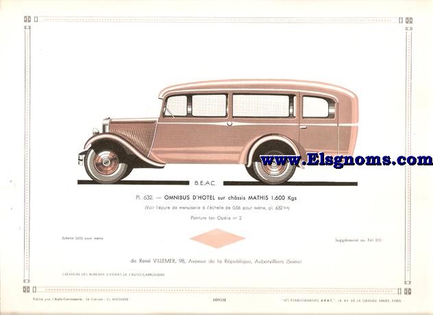 Pl.632. Omnibus D' Htel sur chssis Mathis 1600 Kgs.Pintado tono pera N 2. Supplement au 100 de l'Auto Carrosserie. Grant: G. Mathire. Supplment au N 100.