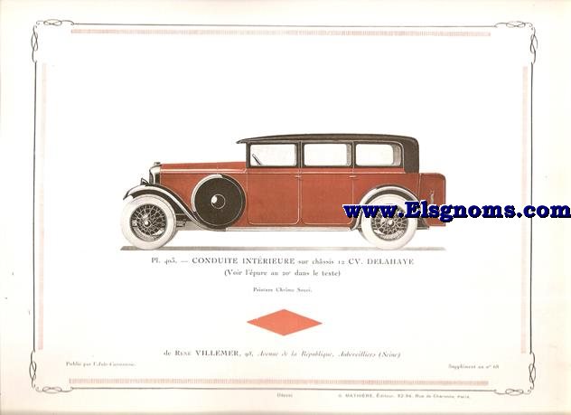 Pl.403. Conduite Intrieure sur chssis 12 Cv. Delahaye. (Voir l'pure au 20 dans le texte). Pintado Chrme Souci. Supplement au N 68 de l'Auto Carrosserie. Grant: G. Mathire. Supplment au N 68.
