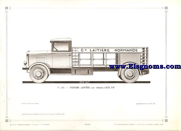 Pl.648. Voiture Laitire sur chssis Latil PB. Pintado Gris. Supplement au N 102 de l'Auto Carrosserie. Grant: G. Mathire. Supplment au N 102.