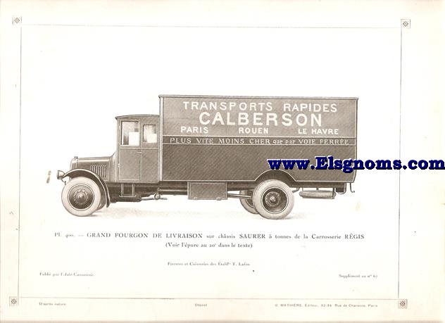 Pl.400. Grand Fourgon De Livraison sur chssis Saurer 5 tonnes de la Carroserie Rgis . Pintado Gris. Supplement au N 67 de l'Auto Carrosserie. Grant: G. Mathire. Supplment au N 67 .