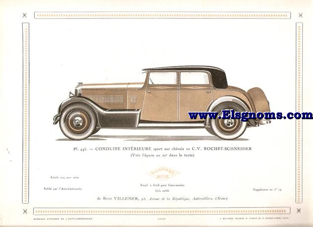 Pl.445. Conduite Intrieure sport sur chssis 20 C.V. Rochet-Schneider. Pintado en Gris Sablo. Supplement au N74 de l'Auto Carrosserie. Grant: G. Mathire. Supplment au N 74 .