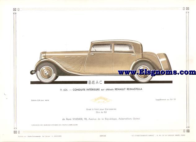Pl.624. Conduite Intrieure  sur chssis Renault Reinastella. Pintado en Gris du Nil. Supplement au N 99 de l'Auto Carrosserie. Grant: G. Mathire. Supplment au N 99 .