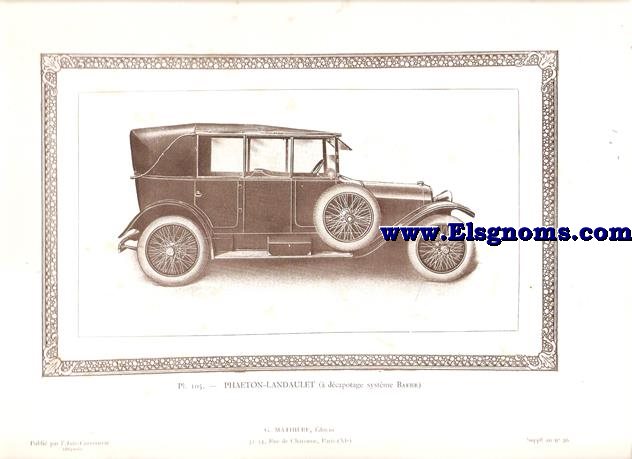 Pl.105. Phaeton-Landaulet (  dcapotage systme Baehr). Pintado en Negro. Supplement au N 26 de l'Auto Carrosserie. Grant: G. Mathire. Supplment au N 26 .