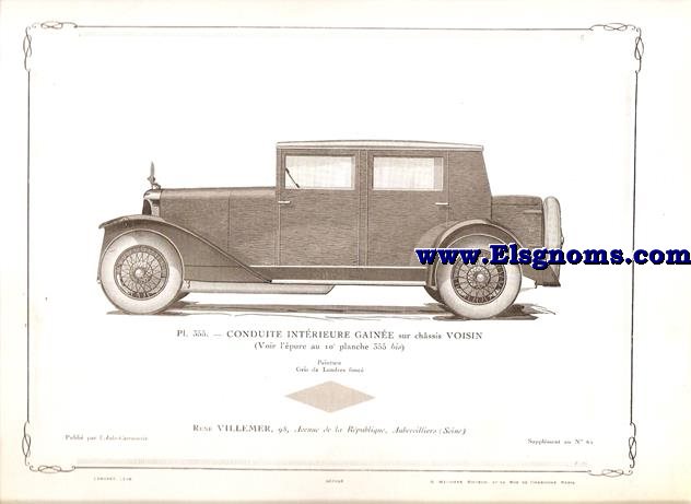 Pl.355. Conduite Intrieure Gaine sur chssis Voisin. Pintado en Gris de Londres Fonc. Supplement au N 61 de l'Auto Carrosserie. Grant: G. Mathire. Supplment au N 61 .
