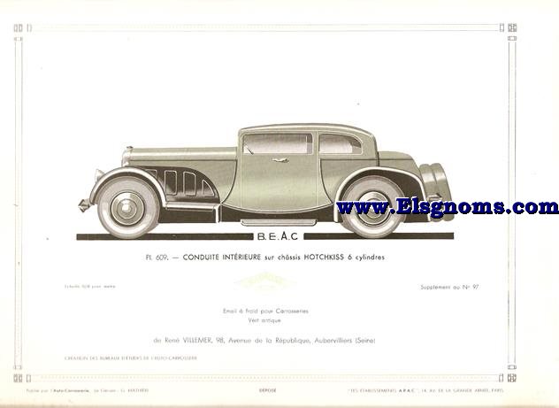 Pl.609. Conduite Intrieure sur chssis Hotchkiss 6 cylindres. Pintado en Vert Antique. Supplement au N 97 de l'Auto Carrosserie. Grant: G. Mathire. Supplment au N 97 .