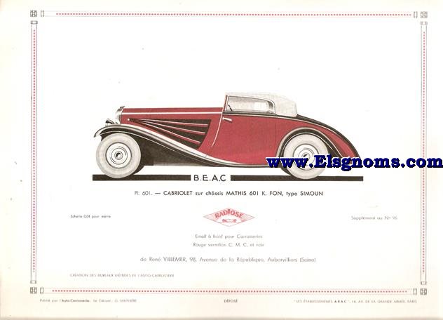 Pl.601. Beac.-Cabriolet sur chssis Mathis 601 K. Fon, type Simoun. Pintado en Rouge Vermillon C.M.C. et Noir. . Supplement au N 96 de l'Auto Carrosserie. Grant: G. Mathire. Supplment au N 97 .