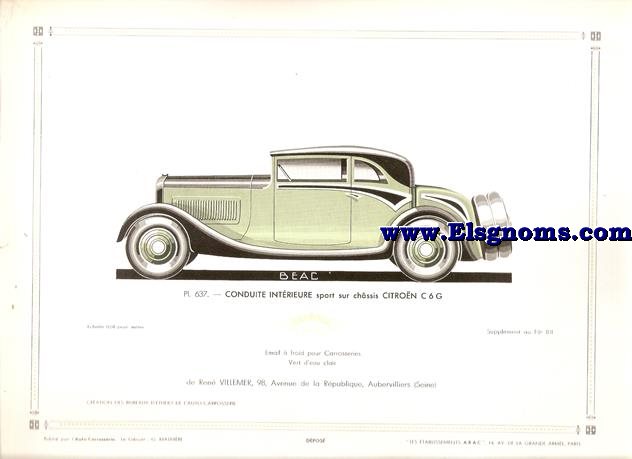 Pl.637. BEAC.-Conduite Intrieure Sport sur chssis Citron C 6 G.Pintado en Vert d' eau clair. Supplement au N 101 de l'Auto Carrosserie. Grant: G. Mathire. Supplment au N 101 .
