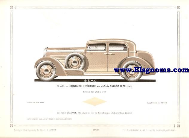 Pl.638. BEAC.-Conduite Intrieure sur chssis Talbot H 78 court. Pintado en ton Opra 2. Supplement au N 101 de l'Auto Carrosserie. Grant: G. Mathire. Supplment au N 101 .