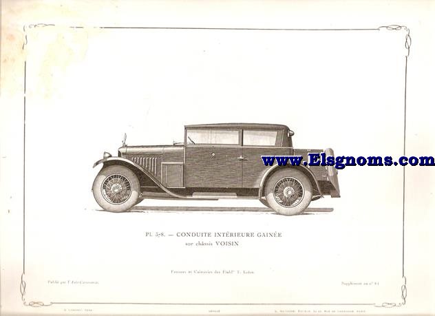 Pl. 378. Conduite Intrieure Gaine sur chssis Voisin. Pintado en negro. Supplement au N 64 de l'Auto Carrosserie. Grant: G. Mathire. Supplment au N 64.