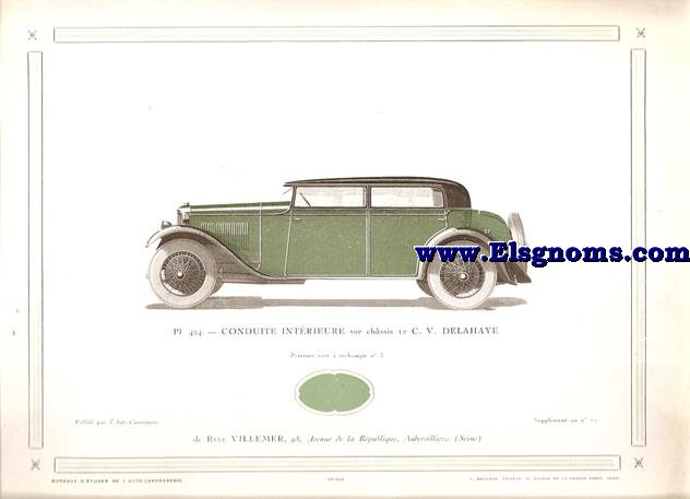 Pl. 424. Conduite Intrieure sur chssis 12 C.V. Delahaye.Pintado en vert  rechampir n 3. Supplement au N 71 de l'Auto Carrosserie. Grant: G. Mathire. Supplment au N 71.