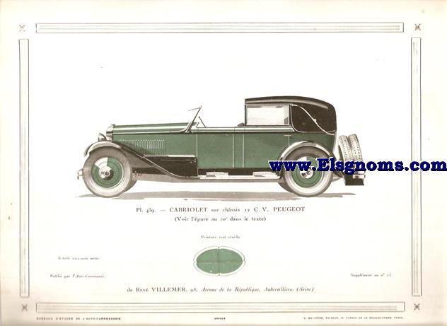 Pl. 439. Cabriolet sur chssis 12 C.V. Peugeot.Pintado en vert  rsda. Supplement au N 73 de l'Auto Carrosserie. Grant: G. Mathire. Supplment au N 73.