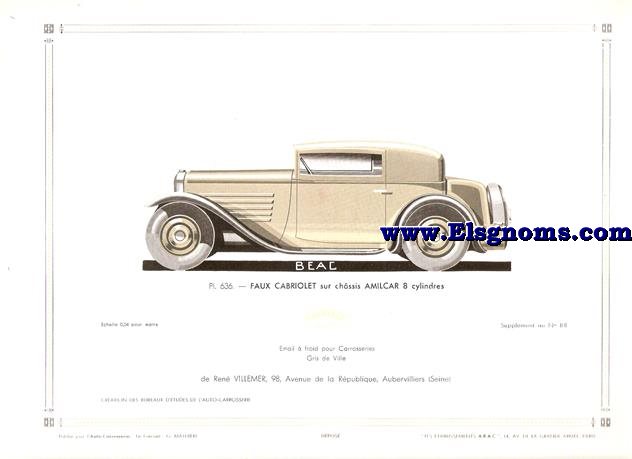 Pl.636. BEAC. Faux Cabriolet sur chssis Amilcar 8 cylindres.  Pintado en Gris de Ville. Supplement au N 101 de l'Auto Carrosserie. Grant: G. Mathire. Supplment au N 101.