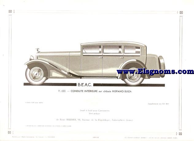 Pl.630. BEAC. Conduite Intrieure sur chssis Hispano Suiza.  Pintado en Vert Antique. Supplement au N 100 de l'Auto Carrosserie. Grant: G. Mathire. Supplment au N 100.