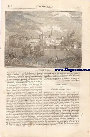 O Panorama.Jornal Litterario e Instructivo.Publicado pela Sociedade Propagadora des Conhecimentos Uteis.-Tomo IV.Outubro 10.-SUMARIO: Castello D' Ham.-Sobre o Homem.Variedade na frma e figura.-Variedade de estatura.-Consules.-Cargo e Officio de Armador mr dos Reis de Portugal, e de Armeiro mr do Reino.-Theoremas de Plato.-Matamorras, ou covas para guardar trigos.-Observaes sobre os ovos.