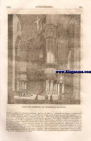 O Panorama.Jornal Litterario e Instructivo.Publicado pela Sociedade Propagadora des Conhecimentos Uteis.-Tomo IV.Outubro 24.-SUMARIO: Vista do Interior Da Cathedral De Milo.-Werner.Episodio da guerra d' Argel.-Novo Methodo para branquear e afinar o linho canhamo.-Paizagem e costumes suissos.-Da Navegao na China.