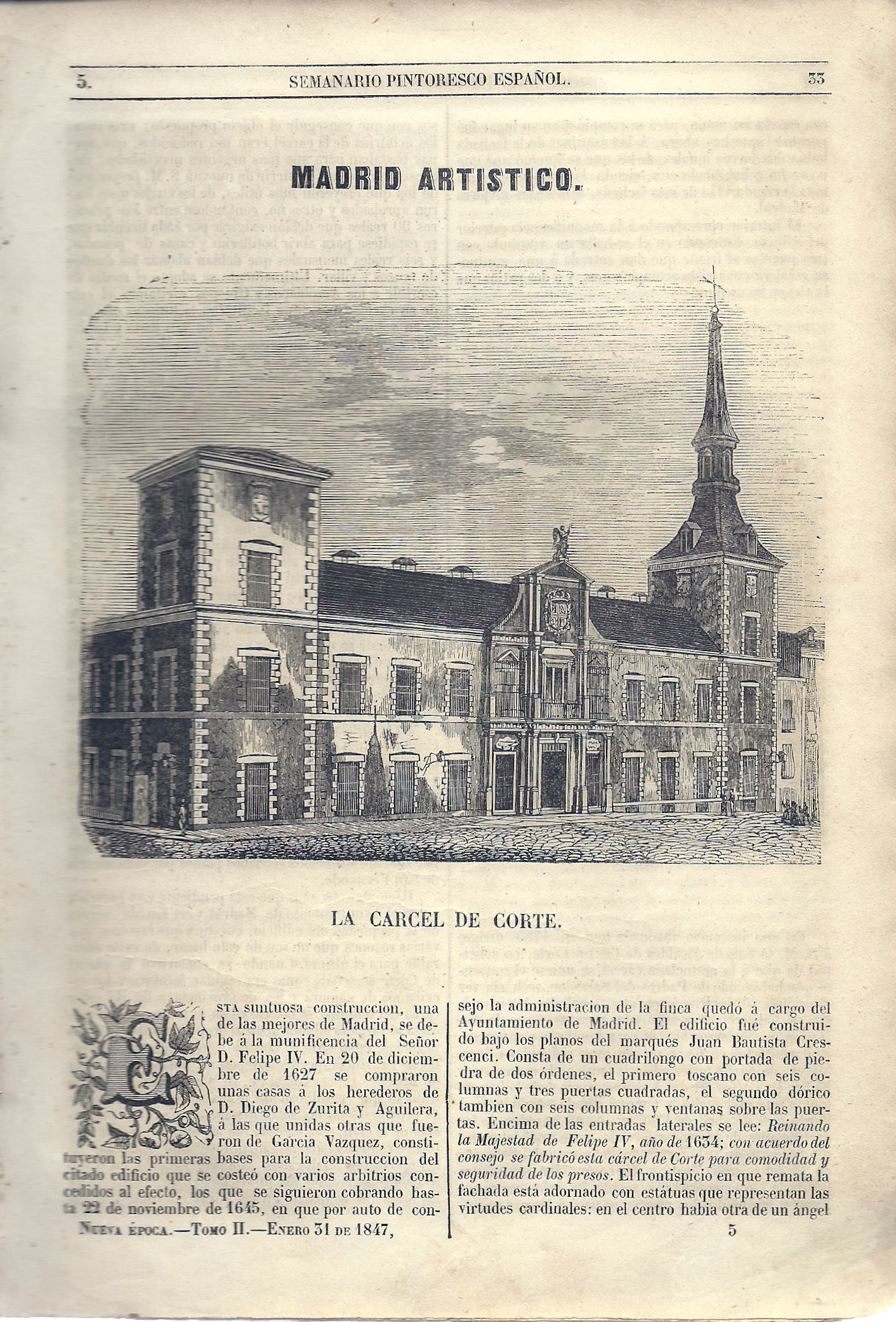Semanario Pintoresco Espaol. Lectura de las familias. Dirigido por Don ngel Fernndez de los Rios. Ao XII. Nueva poca. Tomo II. N 5. -Enero 31 de 1847.-SUMARIO: Madrid Artstico.-La Crcel De Corte.-Usos y Trajes Provinciales.-Una Boda En Carrascalejo. (Extremadura).-Novelas.- La Virgen del Valle.-Poesa. A La Luna, por Carolina Coronado.-Crnica.