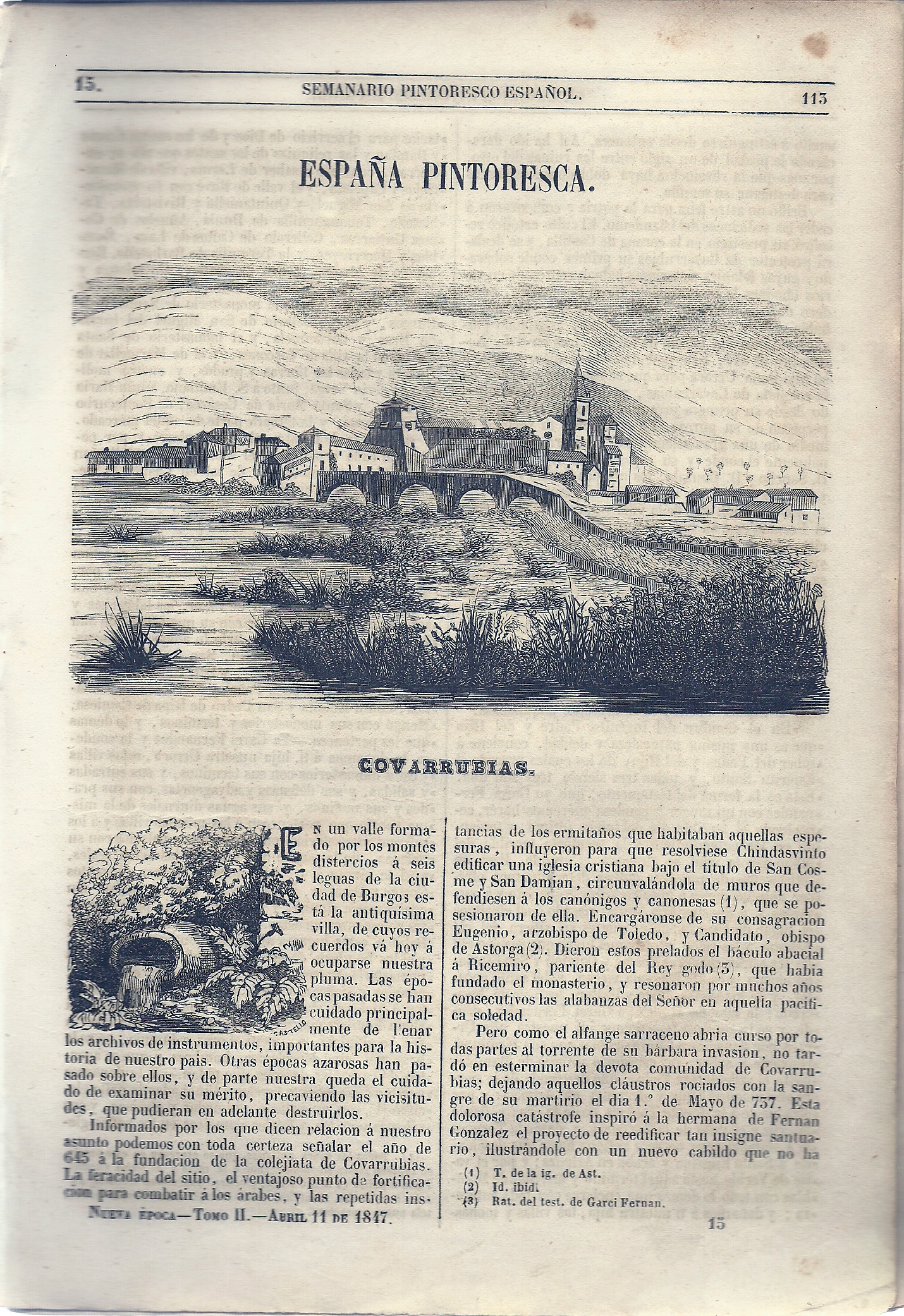 Semanario Pintoresco Espaol. Lectura de las familias. Dirigido por Don ngel Fernndez de los Rios. Ao XII. Nueva poca. Tomo II. N 15. -Abril 11 de 1847.-SUMARIO: Covarrubias.-Literatura. La Novela Espaola.-Biografa Espaola. El Doctor Bernardo de Balbuena.-Crnica.-Advertencia.