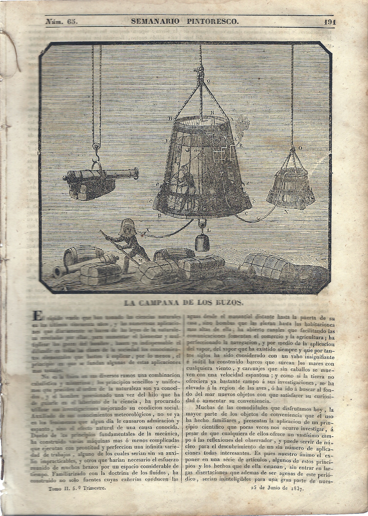 Semanario Pintoresco Espaol. Lectura de las familias. Dirigido por Don ngel Fernndez de los Rios.  Tomo II. N 65. -5 Trimestre.-25 de Junio de 1837.-SUMARIO: Portada: La Campana De Los Buzos.-El Abate De L' Epee.-Mecanismo Del Reloj-El Judo de Wilna.- Coincidencia Estraordinaria en la vida de los casados.