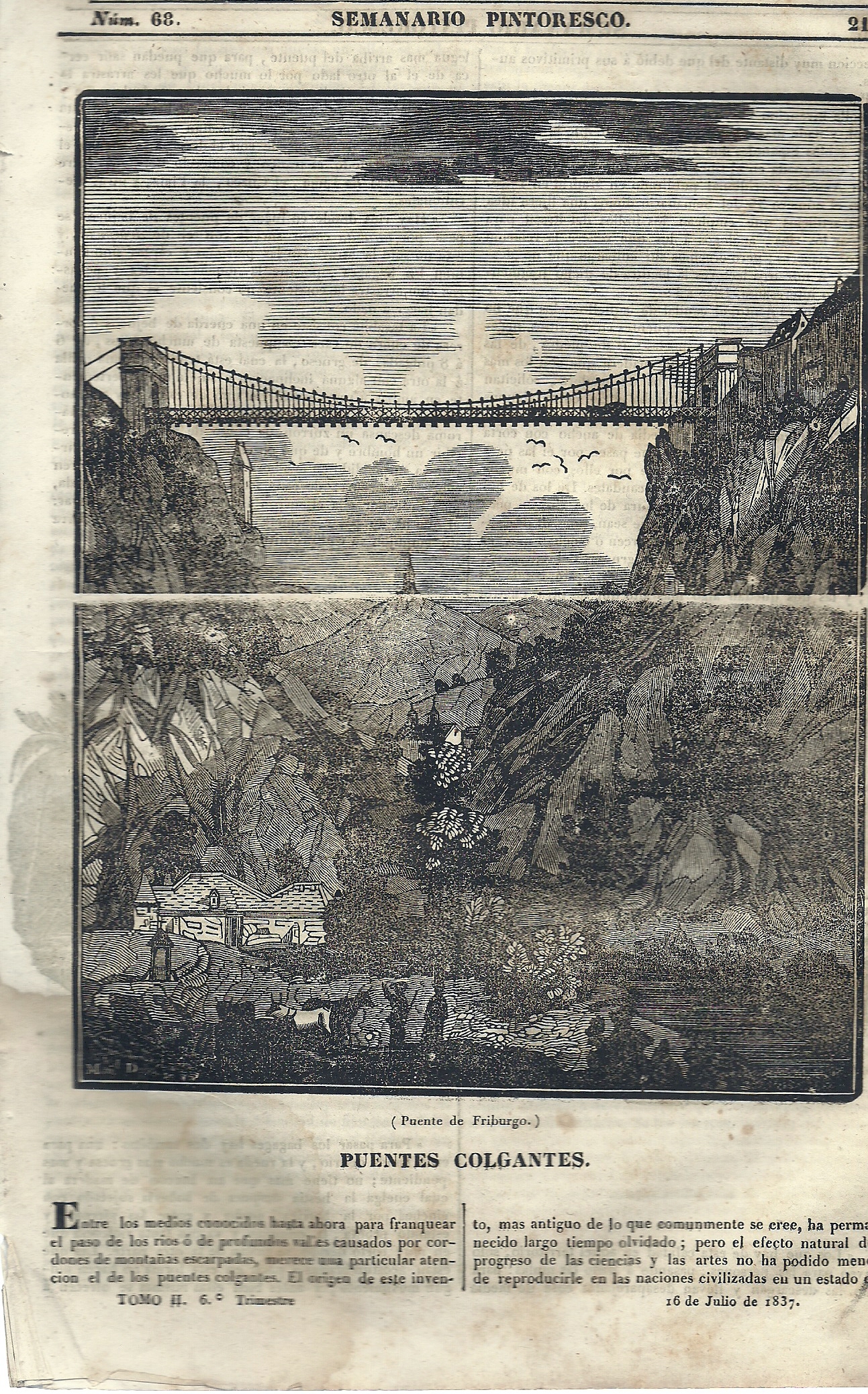 Semanario Pintoresco Espaol. Lectura de las familias. Dirigido por Don ngel Fernndez de los Rios.  Tomo II. N 68. -6 Trimestre.-16 de Julio de 1837.-SUMARIO: Portada: Puentes Colgantes.-La Resolucin.-Economa Rural.-Mecanismo Del Reloj. La Campana.-Educacin Maternal.-Mi Cario.