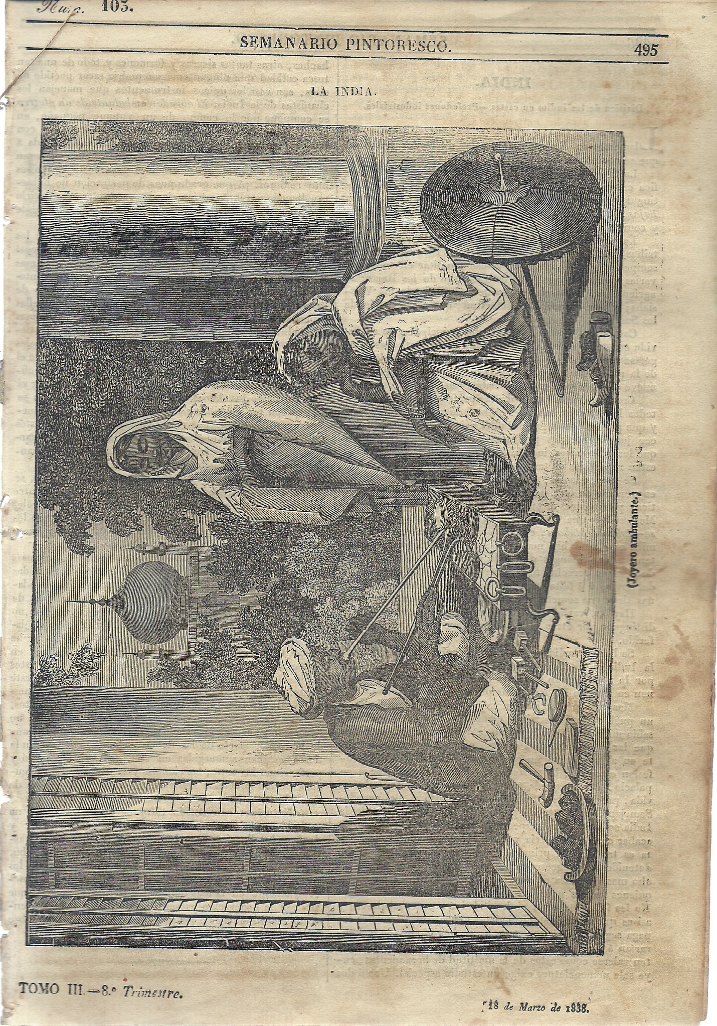 Semanario Pintoresco Espaol. Lectura de las familias. Dirigido por Don ngel Fernndez de los Rios.  Tomo III. N 103. -8 Trimestre.-18 de Marzo de 1838.-SUMARIO: Portada: Joyero AmbulanteIndia. Divisin de los indios en castas.-Profesiones industriales.-El Rhin.-Benevolencia de Los Turcos con los Animales.-Epigramas.-Caza del Elefante.