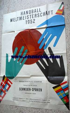 Handball Weltmeisterschaft 1952. Baden Sportplatz Scharten. Dienstag, 10. Juni 1952, 18,45 Uhr. Schweden - Spanien. Juniorenvorspiel 17.50 Uhr... Poster.