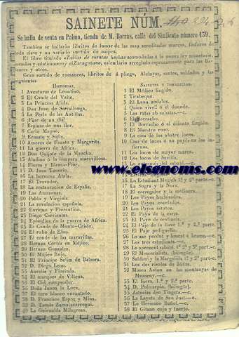  Sainete. Se trata del listado de los publicados Por M. Borrs en Palma, calle del Sindicato nmero 139. En total  376 obras (Historias, sainetes y tonadillas, libritos).