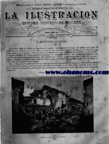 La Ilustracin. Revista Hispano-Americana.-1 Febrero 1885.-Ao 6.-Nmero 222.-SUMARIO: Texto.-Bellas Artes, por D. Federico Cajal.-Genealoga de la novela, por D Emilia Pardo Bazn.-Memorias de un ngel, por D. Gabriel E. Moz.-Variedades.-Nuestros grabados.-Patrimonio de un pobre, poesa por D. Francisco Gras y Elas.-La creacin del hombre, poesa por D. Miguel Snchez y Pesquera.-Las enjalmas, poesa por D. Jos Nigreros.-Viaje al travs de los Andes (continuacin), por D. A. Thouar.-Isabel la Catlica (conclusin), por D. Evaristo Fombona.-Los dos rivales, por D. Cecilio Navarro.-Anuncios.-Historia de la semana.-GRABADOS: Terremotos de Andaluca.-La inspiracin.-Paisaje.-Despus del baile.-Vista de Tarija.-Garganta de Camataqui.-Alameda de los suspiros, en Santa Ana.-India aimara de las altas mesetas.