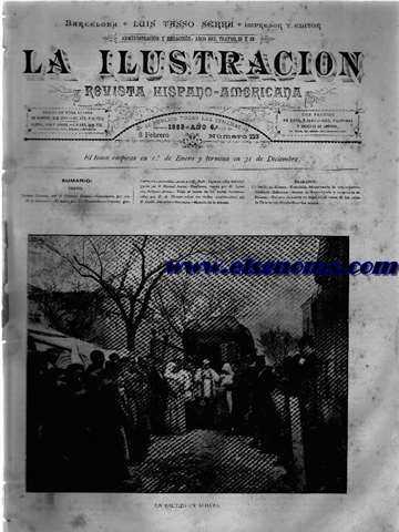 La Ilustracin. Revista Hispano-Americana.-8 Febrero 1885.-Ao 6.-Nmero 223.-SUMARIO: Texto.-Revista Colonial, por D. Federico Rahola.-Guacaipuro, por don M. R. Guerrero.-El teatro, por C.-Variedades.-Nuestros grabados.-Lamentacin, poesa por D. Pedro Laguna.-La felicidad, poesa por D. Manuel Acua.-Dos besos, poesa por D. Leonidas Pallars Arteta.-Viaje a travs de los Andes (continacin), por D. A. Thouar.-Los dos rivales continuacin, por D. Cecilio Navarro.-Anuncios.-Historia de la semana.-GRABADOS: Un bautizo en Alhama.-Exposicin del centenario de 1789.-!Sola.-Ventas de Zafarraya.-Arenas del Rey.-Iglesia y campanario de Periana.-Embarco de zuavos en Argel.-Las nieves de las calles de Pars en las alcantarillas.-La msica.