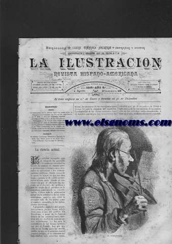 La Ilustracin. Revista Hispano-Americana.-2 Agosto 1885.-Ao 6.-Nmero 248.-SUMARIO: Texto.-La ciencia actual, por D. Federico Cajal.-La antigua ciudad de Mjico y la corte de Montezuma, por Prescott.-La mujer educada, por D. Juan C. Alvarado.-Variedades.-Nuestros grabados.-A Filina, poesa por D. P. de Torre-Isunza.-Niebla, poesa por D. Gonzalo Picn Febres.-En un lbum, por D. Juan de Dios Mndez, hijo.-Recuerdos, poesa por D. Francisco Pimentel, hijo.-Viaje por Tnez (continuacin), por R. Cagnat y R. Saladn.-Leila o el sitio de Granada (continuacin), por lord Lytton.-Anuncios.-Historia de la semana.-GRABADOS: El violinista.-Caricaturas.-Habitaciones japonesas de Berln.-Spa.-Batum, puerto del Mar Negro.-Meru.-Vista de Mahedia.-Los tres ciegos de Monastir.-Tuira.