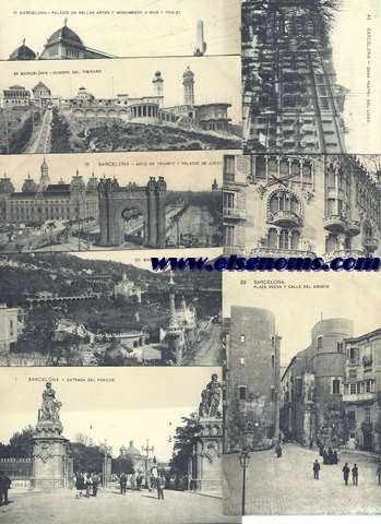 Conjunto de 10 tarjetas postales de Barcelona: Plaza Nueva y calle del Obispo - Entrada del parque - Parque Gell - Paseo de Gracia - Arco de Triunfo y Palacio de Justicia - Cumbre del Tibidabo - Palacio de Bellas Artes y monumento  Rius y Taulet - Gran Teatro del Liceo - Orfen. Grupo alegrico - Paseo de Gracia.