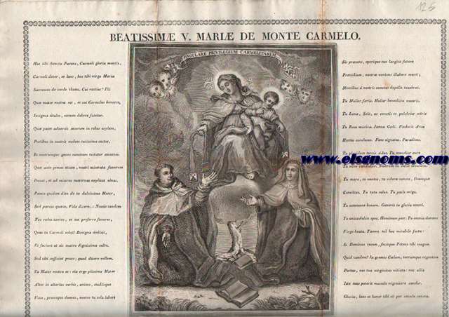 Beatissim V. Marie de Monte carmelo.Tibi igitur Carmelitarum Matri, se, suasque ex logica depromptas theses libenter dicant, libenterosacrant. Fr. Jacobus Roig, et Fr. Laurentius Bernadi Carmeli Alumni. Defendentur (Deo, ejusque piisima Matre auxiliantibus) ab iisdem qui supra. Preside Fr. Eduardo Comas Philosophi Professore. Locus certaminis erit Collegium S. Angeli M. die 25 Aprilis ann. 1825. H.3.. vespert. Vidit Fr. Narcissus Pags Stud. Reg. Superiorum permissu.