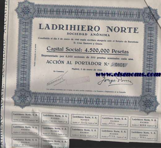 Accin. Ladrihuero Norte S.A. Constituda el da 3 de Enero de 1942 segn escritura otorgada ante el Notario de Barcelona D. Cruz Usatorre y Gracia. Capital Social: 4.500.000 pesetas. Representado por 9.000 acciones de 500 pesetas nominales cada una.Madrid, 3 de Enero de 1942.