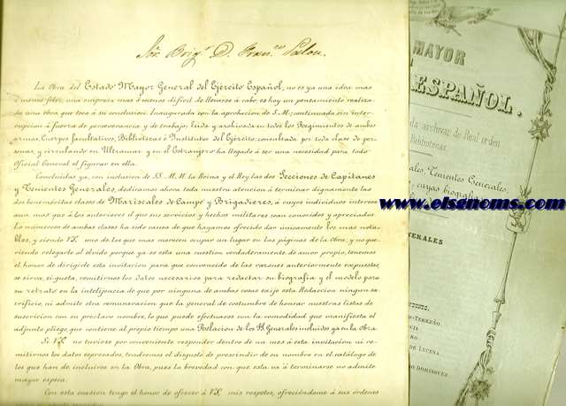 2 documentos impresos de publicidad de la obra: Estado Mayor General del Ejrcito Espaol : historia del ilustre Cuerpo de Oficiales Generales, hechas con las biografas de los que ms se han distinguido e ilustrada con sus retratos de cuerpo entero. Redactada bajo la direccin del Capitn Pedro Chamorro y Baquerizo, enviados al brigadier D. Francisco palou.