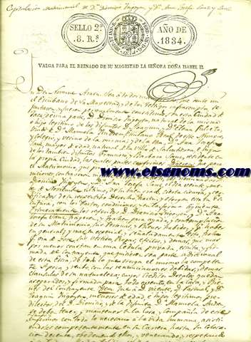 Escritura de Capitulacin Matrimonial de Don Dionisio Yrigoyen, y D Ana Josefa Sanz y Sanz. En la Ciudad de Jaca, a los veinte y un dias del mes de Febrero del ao del Seor mil ochocientos treinta y cuatro.
