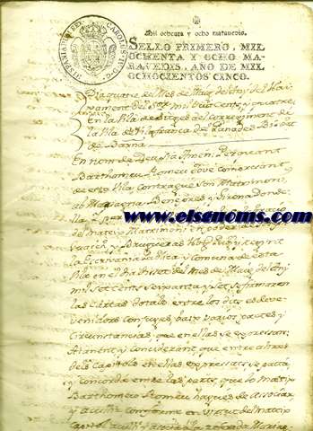 Conveni firmat entre parts de Barthomeu Romeu Major de edat Comerciant de una. Ab Los conjuges Christofol Puig, y Mas, y Serafina Puig, y Romeu, tots de la Vila de Sitges de altra. En poder de Francisco Ferrer, y Sids, Notari Public y Real de dita Vila als 4 Maig de 1804.