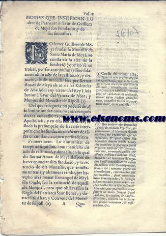 Motius que iustifican lo dret de Patronat  favor de Guillem de Mey son Fundador, y de sos successors.