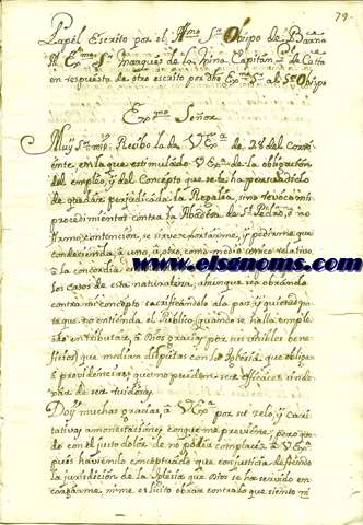 Papel escrito por el Ilmo.Sr. Obispo de Barna al Exmo. Sr. Marques de la Mina Capitan Gl. de Catalua en respuesta aotro escrito por otro Exmo.Sr. Obispo.