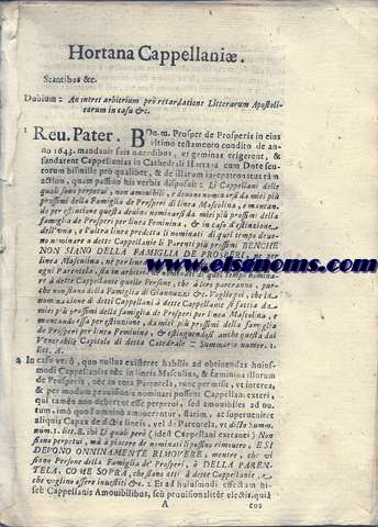 R.P.D. Millino. Hortana Cappellani. Pro Rev. D. Nicolao Nuzzi. Contra D. Clericum Bernardinum de Bonifaciis. M Restrictus Facti, & Iuris.