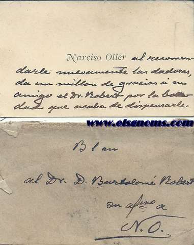 Tarjeta de visita de Nariso Oller  al Dr. D. Nartolom Robert de agradecimiento  por un favor recibido.