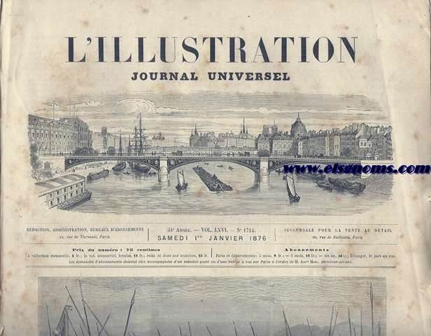 L' Illustration. Journal Universel.-Samedi 1er Janiver 1876.-SOMMAIRE: Histoire de la semaine.-Courrier de Paris.-NOS GRAVURES: Le voyage du prince de Galles.-L' abordage de la 