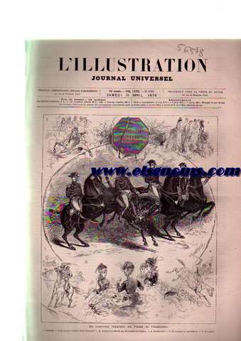 L' Illustration. Journal Universel.-Samedi 15 Avril 1876.-SOMMAIRE: Histoire de la semaine.-Courrier de Paris.-Ma Tante Gertrude rcit d' une vieille fille.-NOS GRAVURES: Le concours hippique au Palais de l' Industrie.-La Chaufferie.-Jeanne d' Arce.-Les appareils Gailber et Denayrouze.-Le skating-rink  Bullier.-Chronique Du Sport.-Les Thatres.-Revue financire de la semaine.- Rbus.